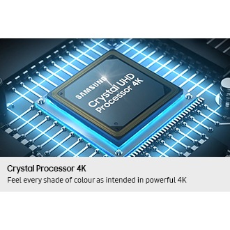 A Samsung Crystal UHD Processor 4K chip is laid out on a TV's main board with glowing power lines.