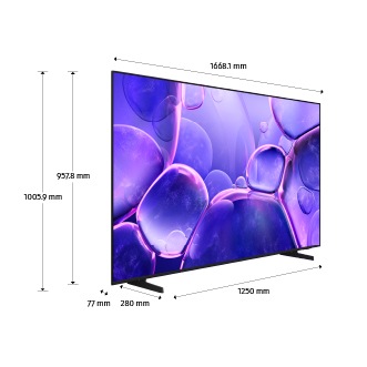 Dimension of Samsung Crystal UHD U8000F screen only (1668.1 x 957.8 x 77 mm). Height with Black Basic feet Stand (1005.9 mm). Dimension of Black Basic feet Stand. (1250 x 280 mm).