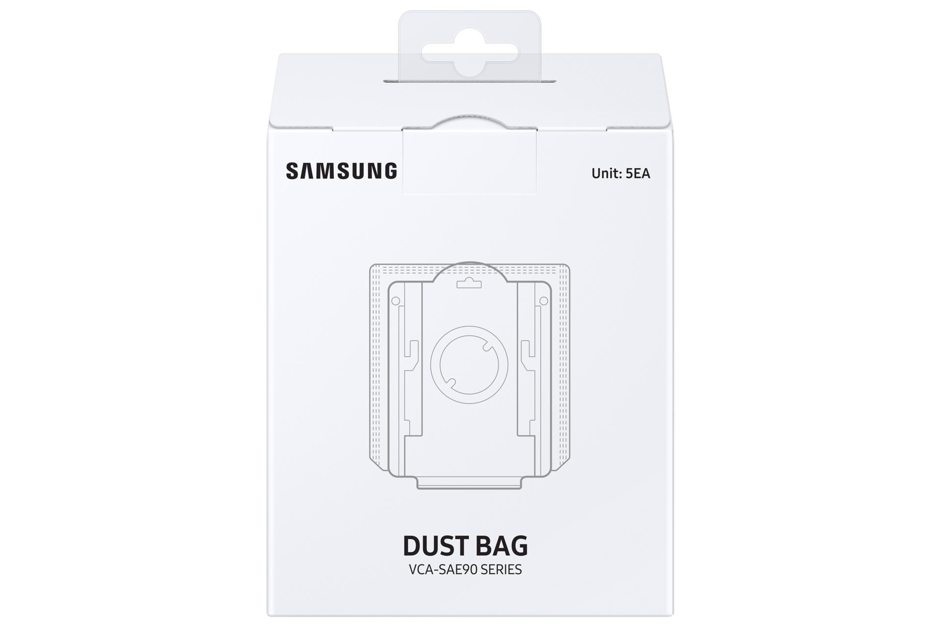Check out Samsung VCA-ADB90 now. Image show white box packaging Auto Dust Disposal Bag (5 pieces) seen from front view