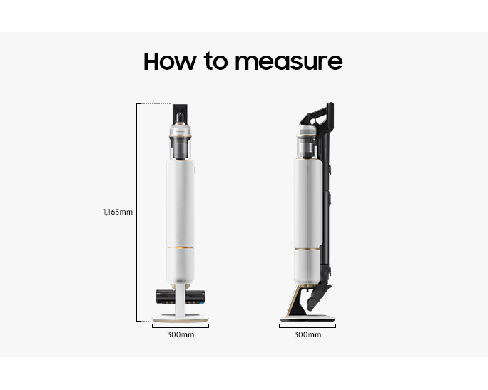 Explore VS20A95843W/SP features now. Image shows measurement of BESPOKE Jet™ complete for height and width