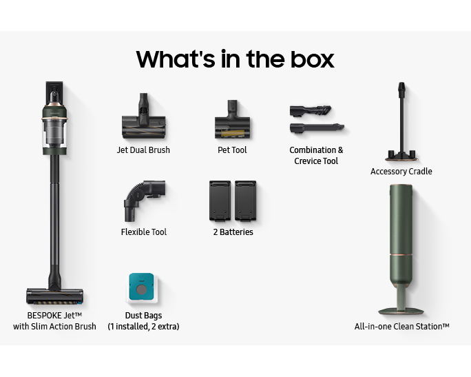 Buy VS20A95943N/SP now. Image shows accessories that comes along in the box for BESPOKE Jet™ complete extra in wood green