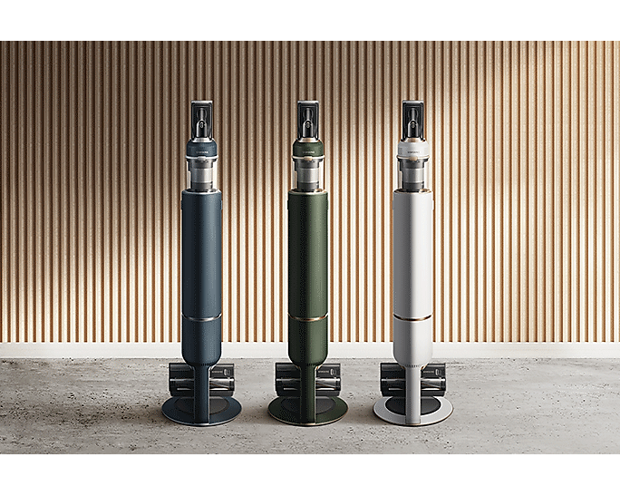 Shop for VS20A95943N/SP now. Image shows 3 BESPOKE Jet™ complete in Midnight Blue, misty white and woody green kept side by side