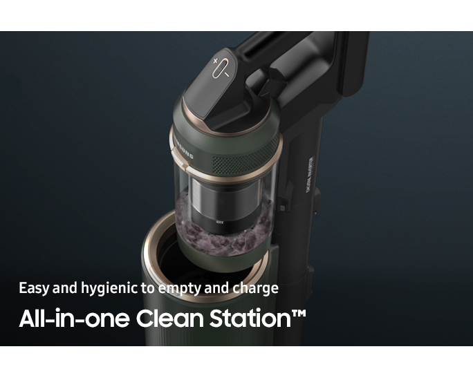 Get VS20A95943N/SP with offers now. Image shows BESPOKE Jet™ complete extra with all-in-one clean station in wood green