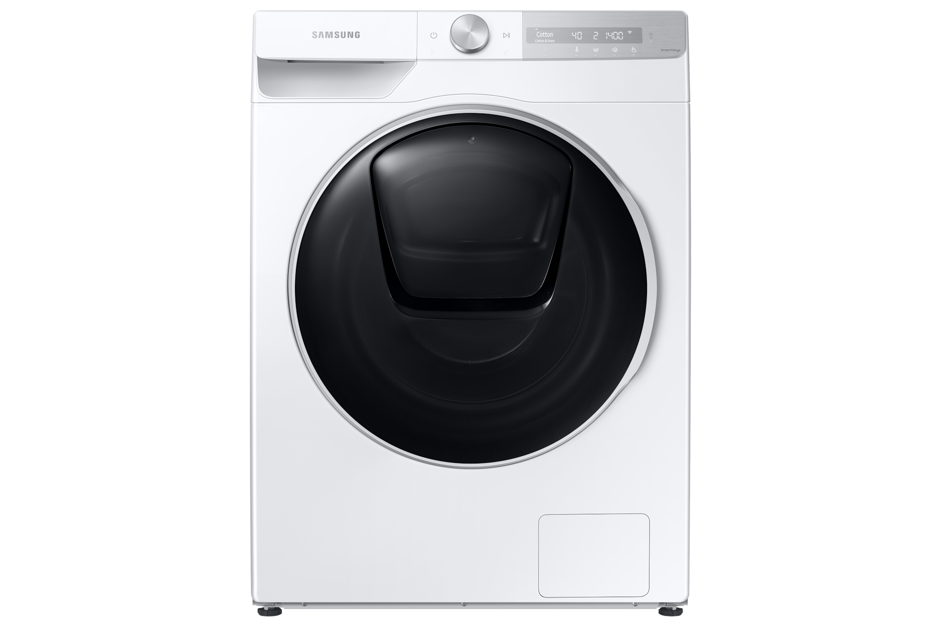 Buy Samsung WD80T754DWH/SP now. QuickDrive™, 8Kg, Washer Dryer, 4 Ticks in white seen from the front view