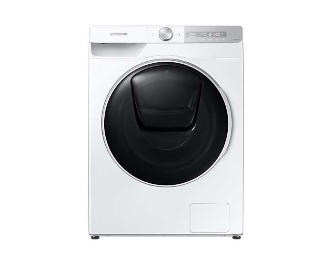 Buy Samsung WD80T754DWH/SP now. QuickDrive™, 8Kg, Washer Dryer, 4 Ticks in white seen from the front view