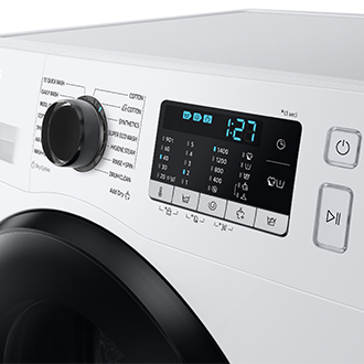 Right view of the Samsung EcoBubble™ 8kg Washer and Dryer with 4 Ticks Energy Rating in white. Top menu control panel shows the different cleaning modes and cycle information.