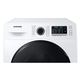 Front view of the Samsung EcoBubble™ 8kg Washer and Dryer with 4 Ticks Energy Rating in white. Top menu control panel shows the different cleaning modes and cycle information.