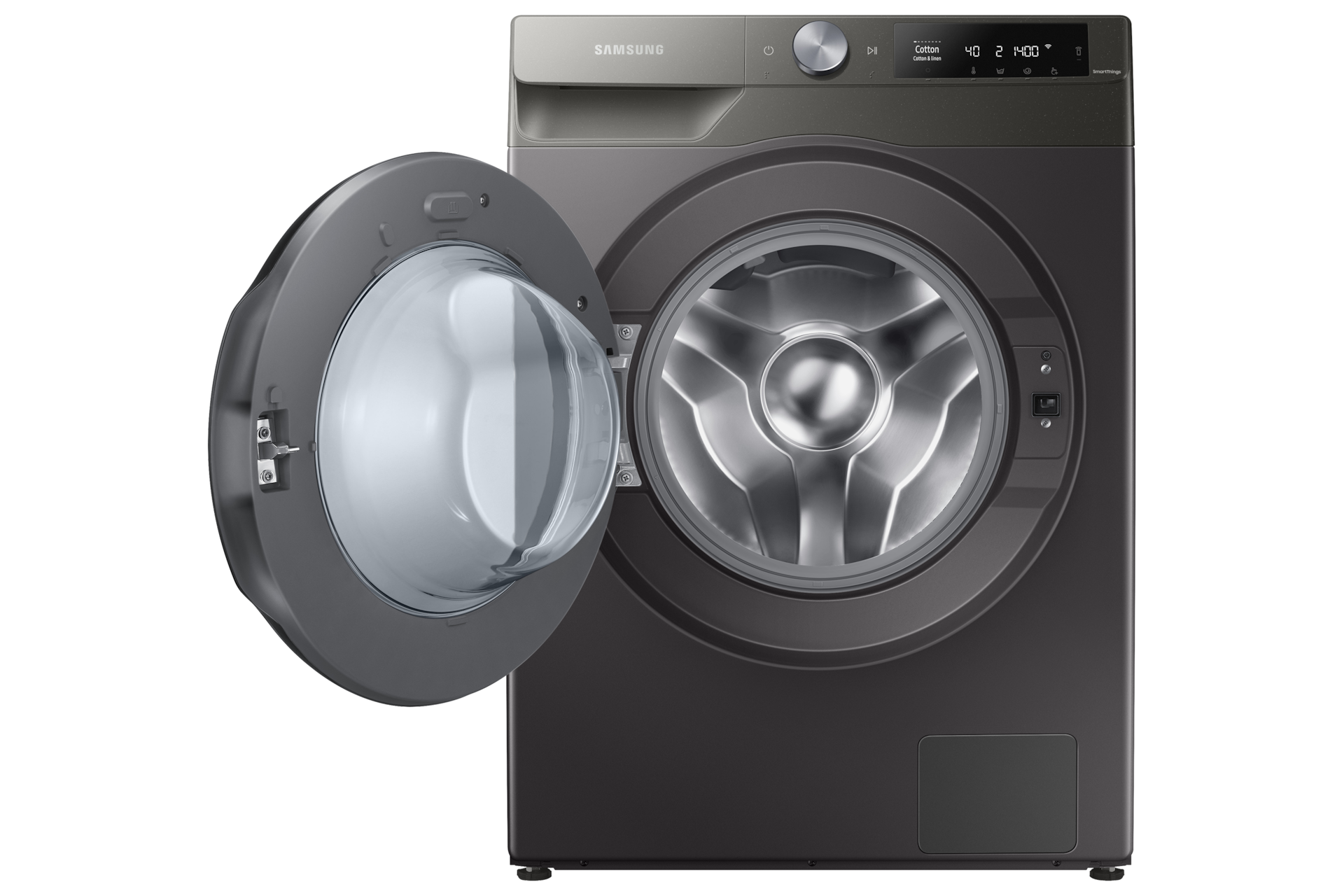 Buy WD90T634DBN/SP now. EcoBubble™, 9Kg, Washer Dryer, 4 Ticks in grey with door open revealing the drum