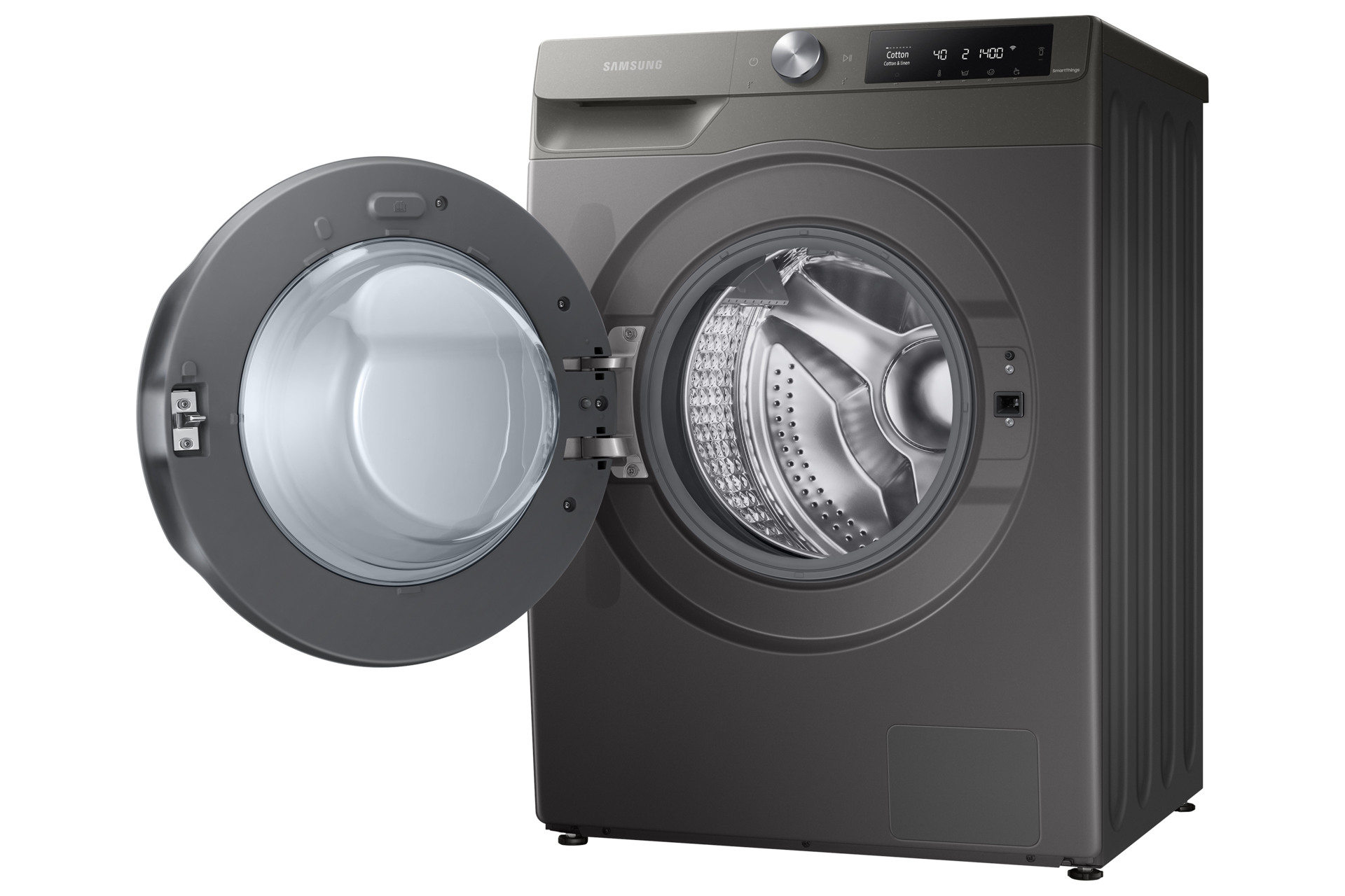Buy WD90T634DBN/SP now. EcoBubble™, 9Kg, Washer Dryer, 4 Ticks seen from right perspective with door open