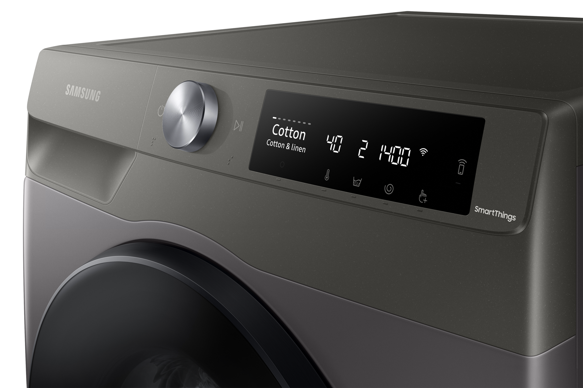 Buy WD90T634DBN/SP now. Control panel of EcoBubble™, 9Kg, Washer Dryer, 4 Ticks in grey seen from right perspective view