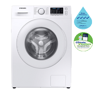 Buy WW75TA046TE/SP now. EcoBubble™, 7.5Kg, Front Load, 4 Ticks in white seen from front with Samsung logo on the left | Water Efficiency | Climate Vouchers