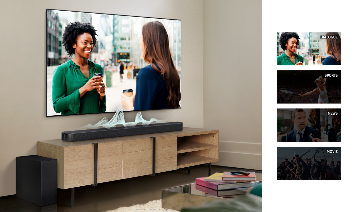 A TV display changes from dialogue, sports, news, to movies and the soundbar shows different audio waves for each to show how the soundbar adapts to voices within each content.