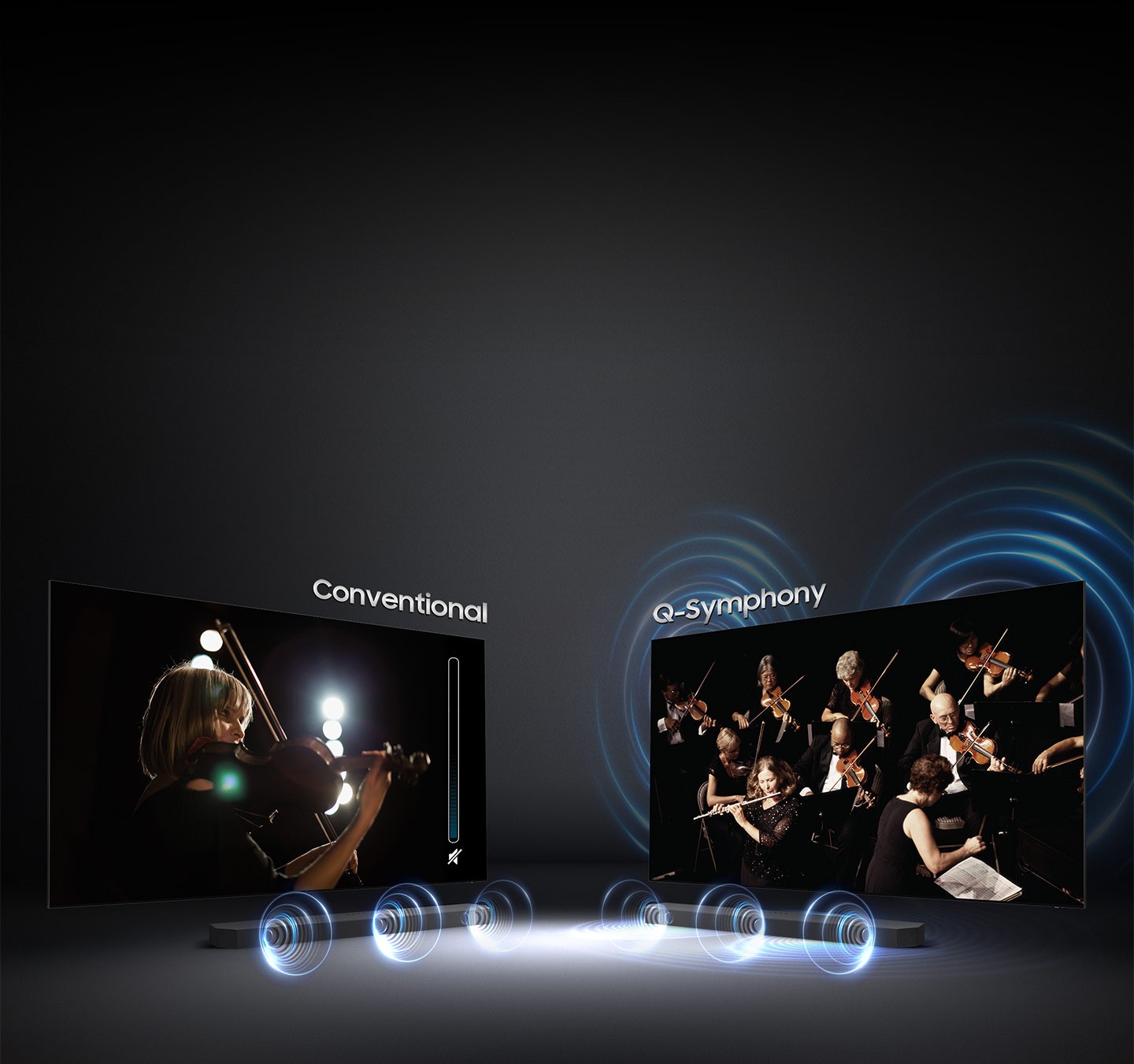 Sound wave graphics from only soundbar demonstrate conventional sound experience.On the other hand, sound wave graphics from TV speaker and soundbar show that Q Symphony allows sound to be heard simultaneously from TV speaker and soundbar.