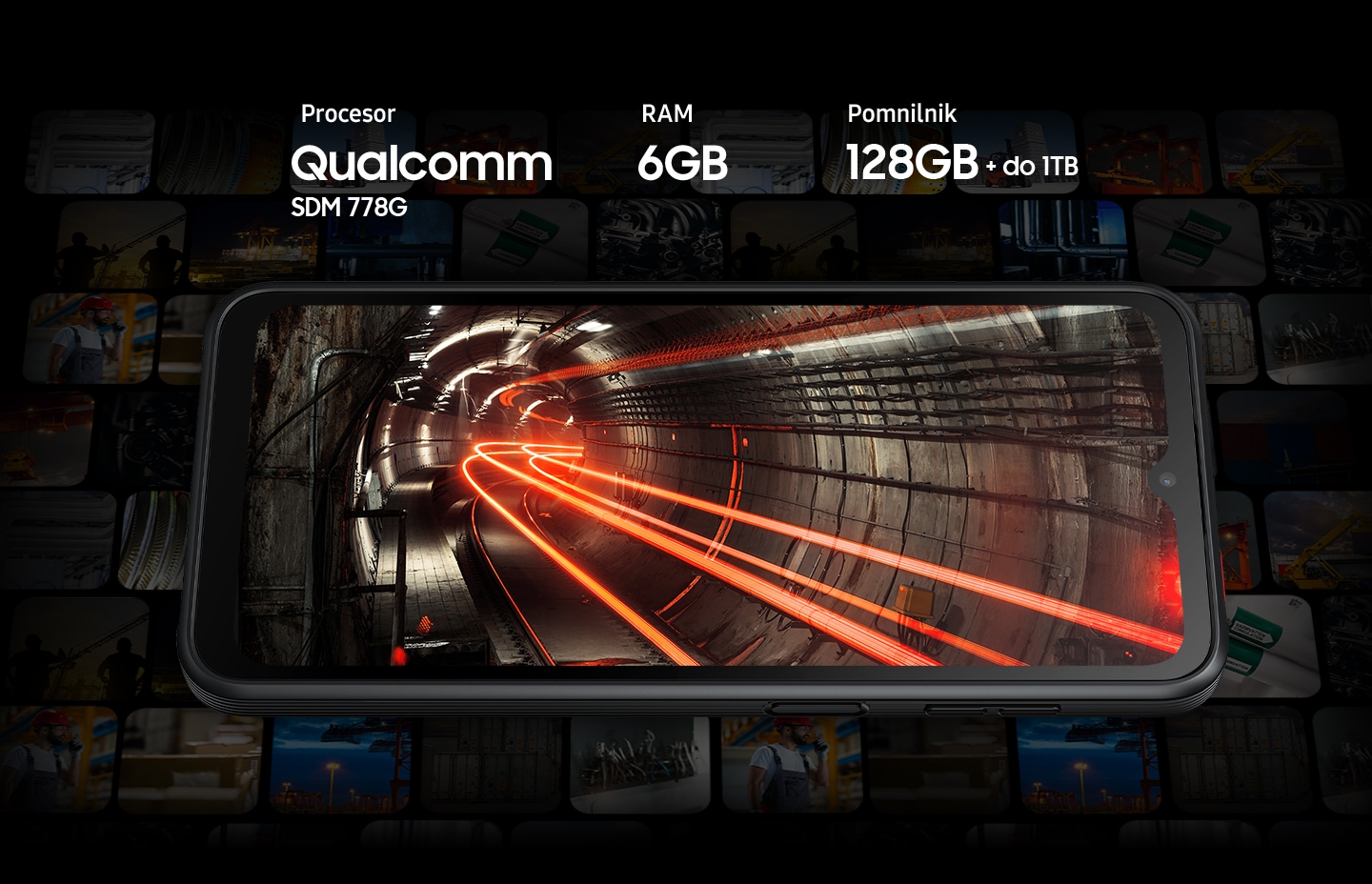 Galaxy XCover6 Pro prikazuje ozadje podzemnega tunela na zaslonu, na katerem so prikazane tudi rdeče vroče cevi. Okoli pametnega telefona so obledele sličice različnih vsebin.
