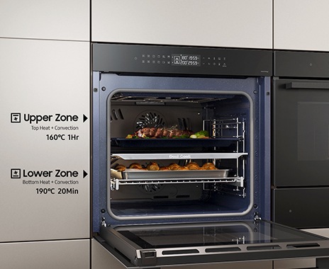 Shows the upper and lower zones of the Dual Cook system being used independently to cook different dishes at the same time with different settings.