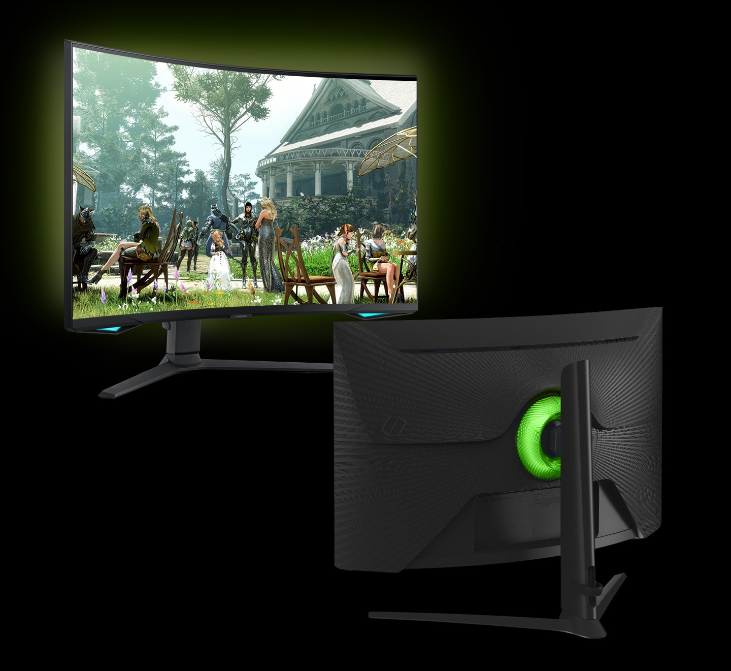 Po bližnjem posnetku osvetlitve monitorja sta prikazana 2 monitorja, pri čemer vsak prikazuje sprednjo in zadnjo stran zaslona. Levi monitor z zaslonom, ki prikazuje 3 različne prizore igre v vsaki barvi - modro, rdečo in zeleno. Osvetlitev desnega monitorja spreminja svojo barvo glede na barve prizorov igre.