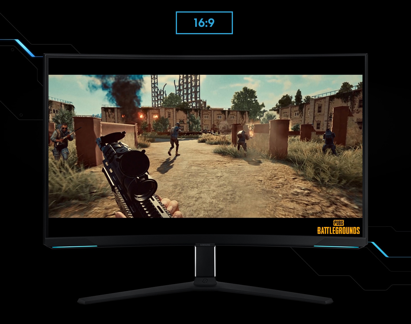 Monitor prikazuje zorno kot igralca v igri streljanja. Igralec teče po bojnem območju z mitraljezom. Ko je zaslon razširjen s razmerja 16:9 na 21:9, se v levem kotu pokaže nevidni sovražnik. Logotip "Battleground" je prikazan v spodnjem desnem kotu zaslona.