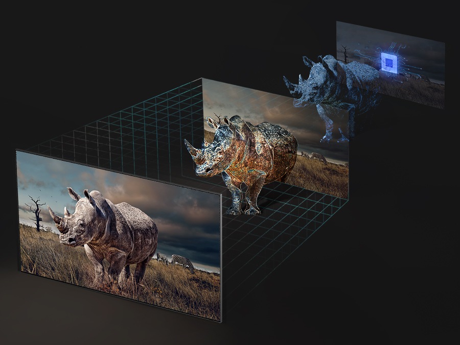 3 koraki do projiciranja življenja, kot je nosorog, so prikazani s tehnologijo Real Depth Enhancer.