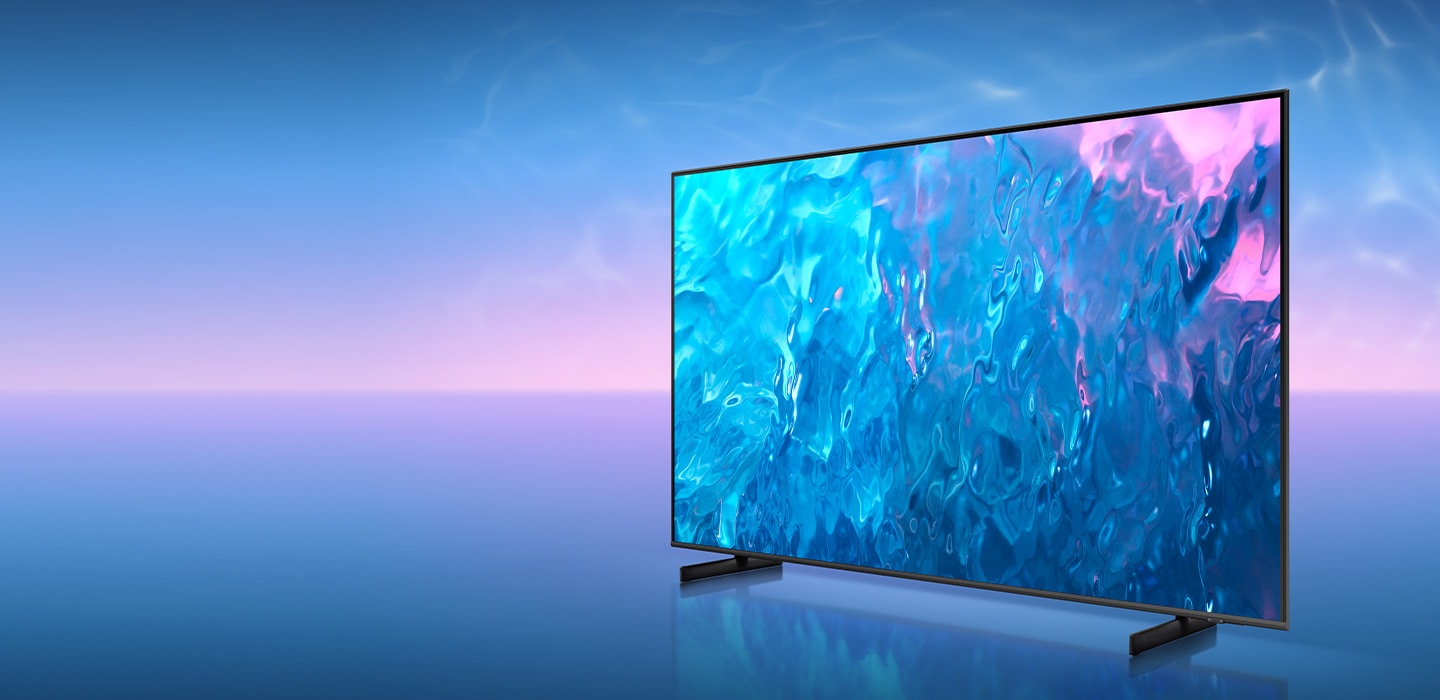 Televizor QLED na zaslonu prikazuje modro grafiko.
