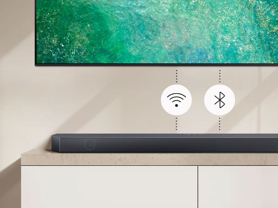 Sound being played through Soundbar connected to TV with Wi-Fi and Bluetooth.