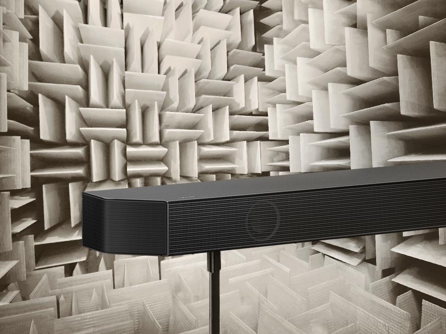 A close up of Samsung Soundbar in an anechoic chamber used to test each aspect of the Soundbar.