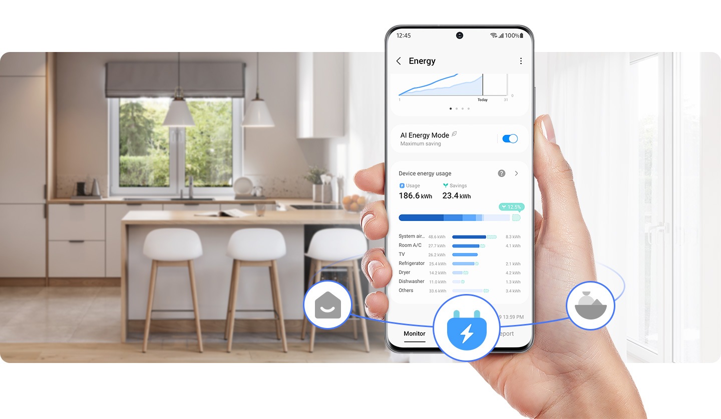 Aplikacija SmartThings je na zaslonu. SmartThings AI Energy Mode je vklopljen.