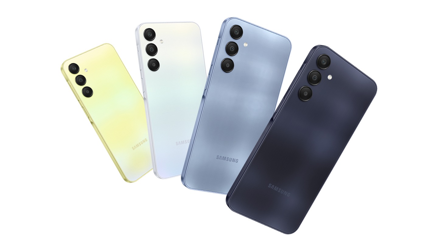 Štiri naprave Galaxy A25 5G v rumeni, svetlo modri, modri in modro črni barvi, razvrščene od leve proti desni in najbolj oddaljene proti najbližji, kažejo svoje zadnje pokrove.