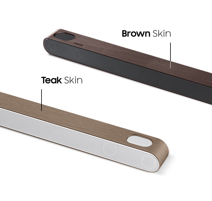 Dva Ultra Slim Soundbara prikazujeta različne možnosti preobleke. Ena ima rjavo kožo, druga pa tikovo kožo.