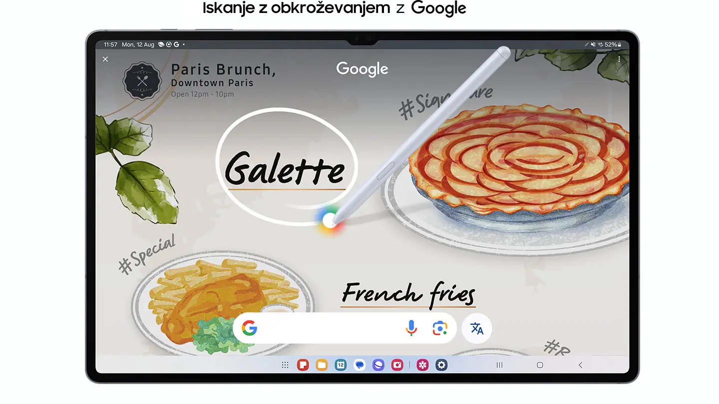 Na zaslonu tabličnega računalnika je prikazana spletna stran z risbami različnih vrst jedi. S Pen pisalo obkroži ročno napisano besedo Galette na zaslonu. Besedilo se glasi Iskanje z obkroževanjem z Googlom.