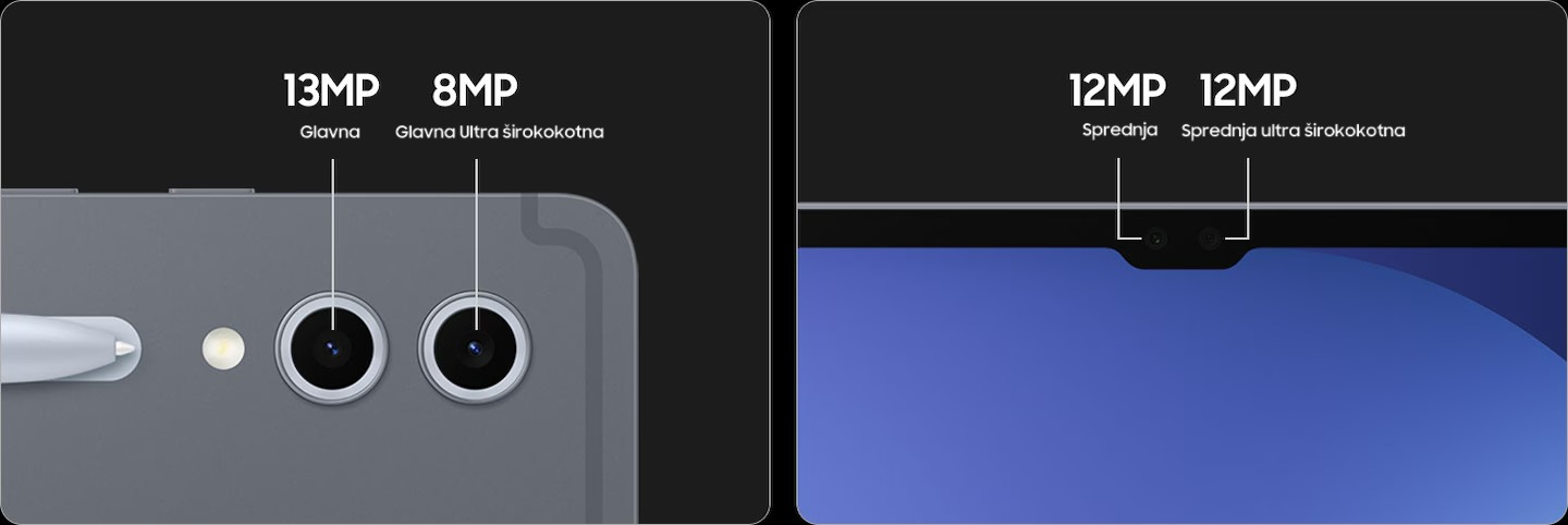 Pogled na zadnji del Galaxy Tab S10 Ultra v mesečno sivi barvi poudarja S Pen pisalo in dve kameri z oznakama 13 MP zadaj in 8 MP zadaj širokokotna. Sprednji pogled na napravo prikazuje sprednjo kamero 12 MP in sprednjo ultra širokokotno kamero 12 MP.