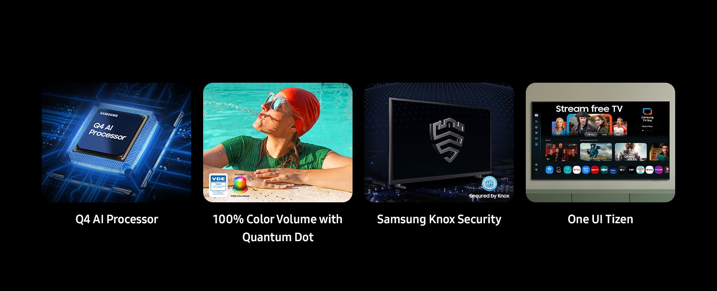 Procesor umetne inteligence Q4, 100-odstotni barvni volumen s kvantnimi pikami, svetlost, barvni volumen in logotip, preizkušen s strani VDE. Varnost Samsung Knox, zaščitena s Knoxom, One UI Tizen.