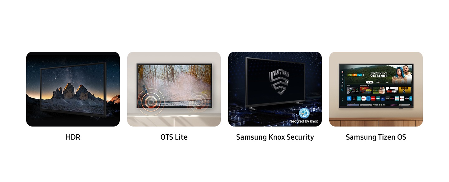HDR, OTS Lite, Samsung Tizen OS in Samsung Knox z logotipom Secured by Knox so prikazane kot ključne lastnosti tega televizorja. HDR poskrbi, da so nočni prizori gora videti jasni in živahni, OTS Lite predvaja zvočne valove na zaslonu, Samsung Tizen OS prikazuje možnosti za zabavo in pretakanje, Samsung Knox pa prikazuje logotip Samsung Knox na črnem zaslonu.