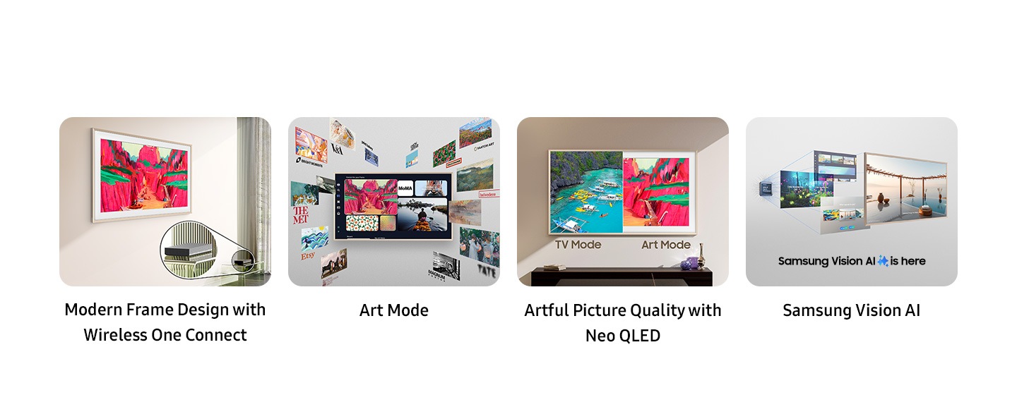 Ključne značilnosti modela The Frame Pro. Sodobna zasnova okvirja z brezžičnim One Connectom, umetniški način, umetniška kakovost slike z Neo QLED, ki prikazuje način TV in umetniški način, ter logotip Samsung Vision AI.