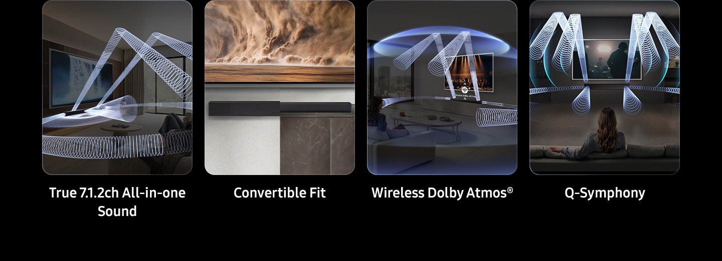 Pristen 7.1.2-kanalni zvok vse-v-enem, prilagodljivo prileganje, brezžični Dolby Atmos in Q-Symphony so prikazani kot ključne funkcije modela QS90H.