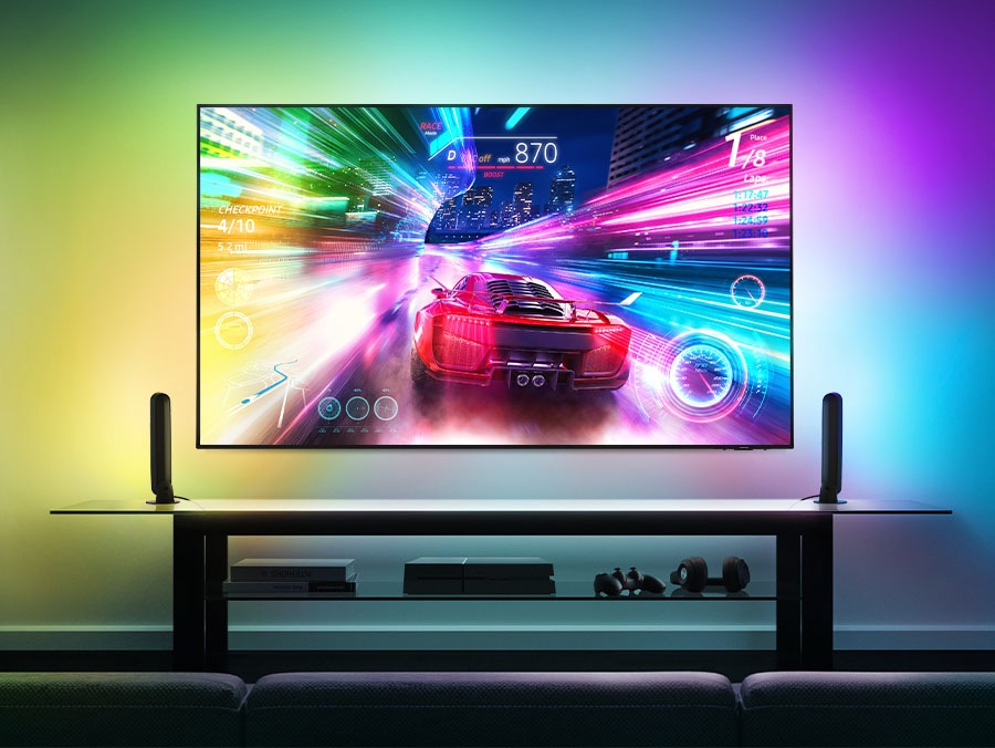 Pametne lučke na hrbtni strani televizorja se prižgejo tako, da se ujemajo z barvami, prikazanimi na TV-zaslonu.