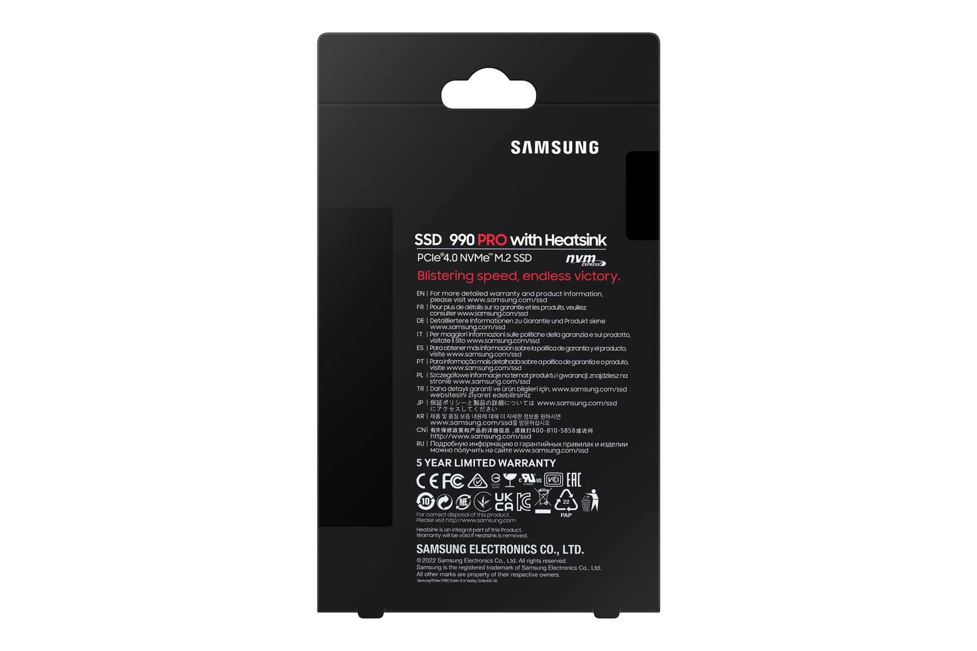 990 PRO z odvodnikom toplote PCIe 4.0 M.2 SSD embalaža, zadnja stran, črn 