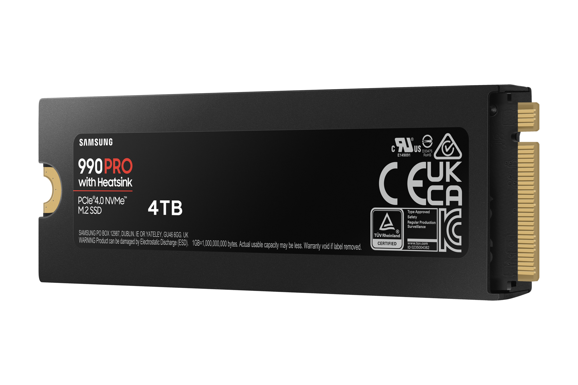 990 PRO z odvodnikom toplote PCIe 4.0 M.2 SSD desni pogled z oznako, črn 