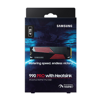 990 PRO z odvodnikom toplote PCIe 4.0 M.2 SSD embalaža, sprednja stran, črn 
