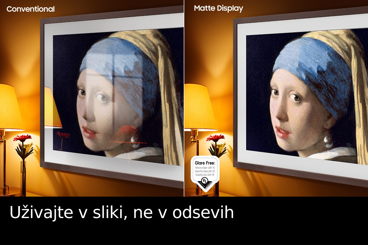Klasičen zaslon prikazuje umetnino, polno odsevov. Mat zaslon prikazuje isto slike brez bleščanja. Na zaslonu je prikazan odobreni logotip UL Glare Free z besedilom »Bleščanje z odsevom UGR < 10, neprijetno bleščanje UGR < 22, bleščanje, ki onemogoča vidljivost UGR < 34«.