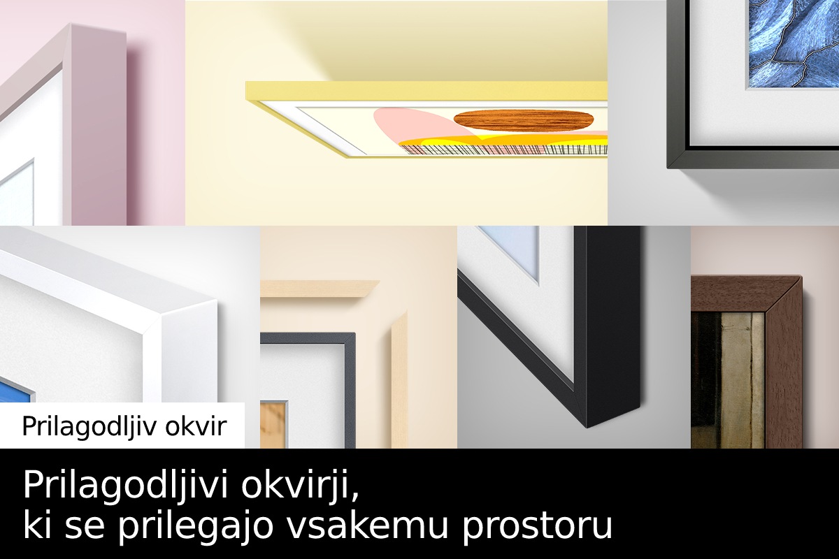 Na The Frame televizor so pritrjeni različni prilagodljivi okvirji. 