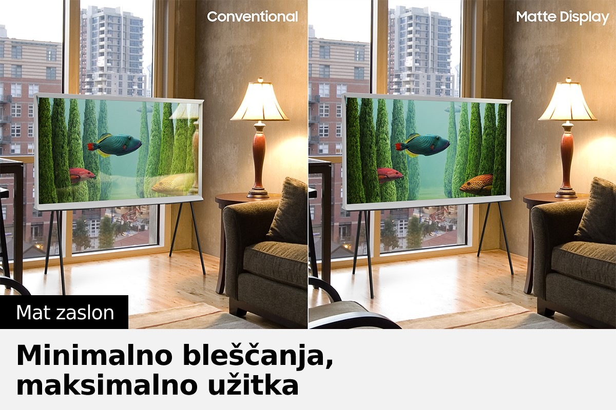 The Serif s klasičnim zaslonom na zaslonu prikazuje odseve svetlobe, medtem ko The Serif z mat zaslonom ne. Odobreni UL logotip Glare Free: Na zaslonu je prikazan tudi logotip »Bleščanje z odsevom UGR < 10, neprijetno bleščanje UGR < 22, bleščanje, ki onemogoča vidljivost UGR < 34«.