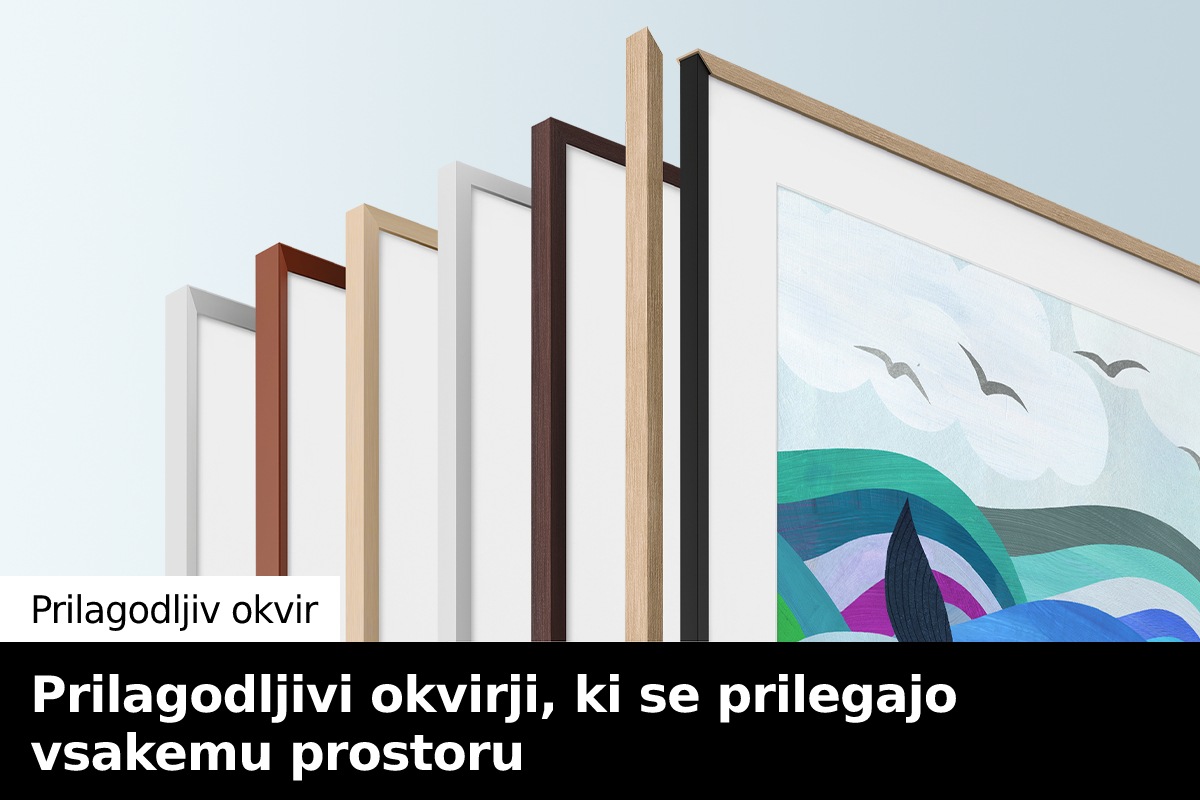 Prikažejo se različni prilagodljivi okvirji The Frame televizorja.
