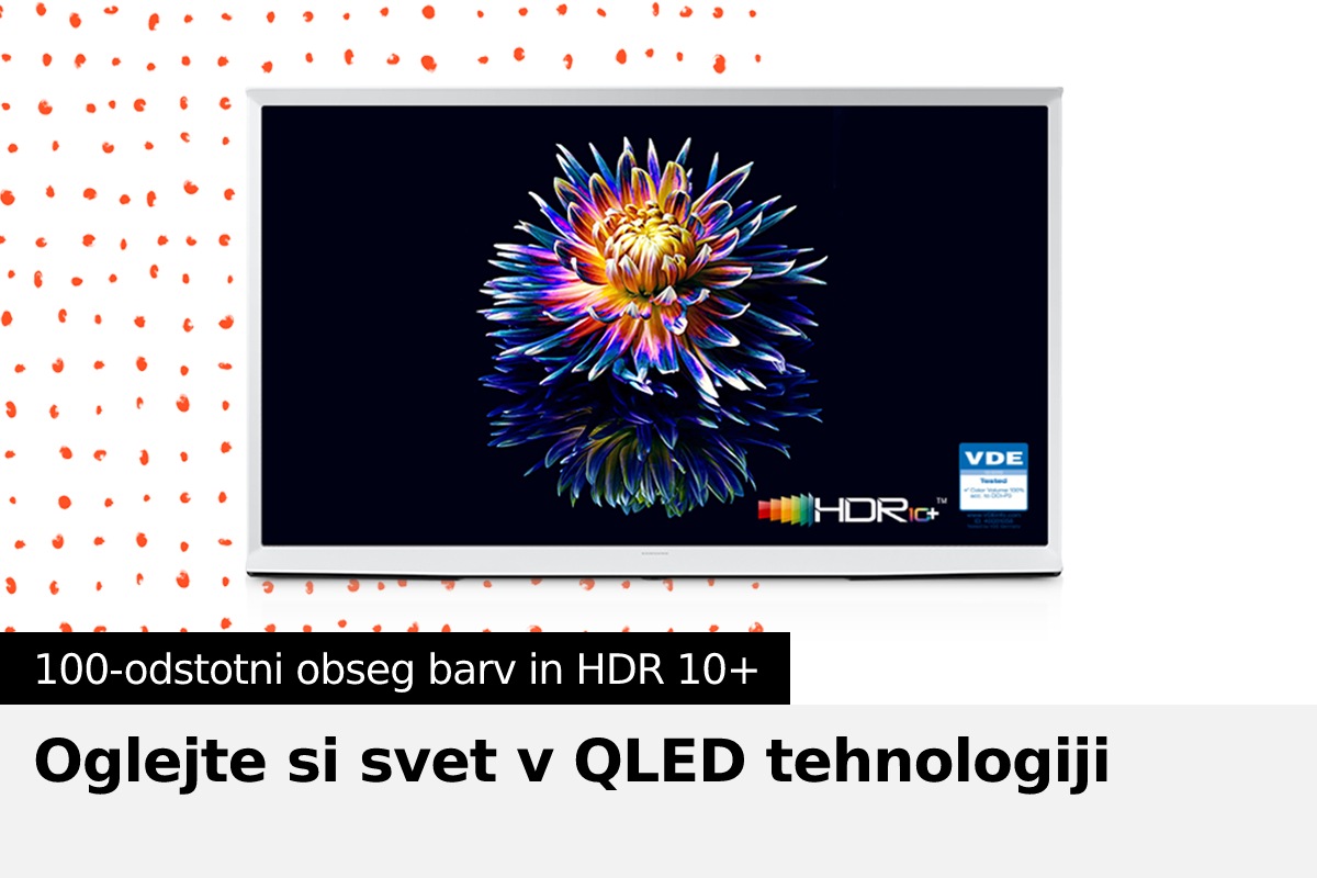 Na zaslonu The Serif televizorja v živih barvah cveti roža. Spodaj sta prikazana logotipa »HDR 10+« in »VDE«.