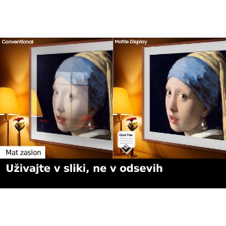 Leva stran zaslona z besedo »Klasično« prikazuje The Frame televizor, ki prikazuje umetniško delo, polno odsevov. Desna stran z besedilom »Mat zaslon« prikazuje The Frame televizor z isto sliko brez bleščanja in s potrjenim logotipom »brez bleščanja« na spodnji levi strani.
