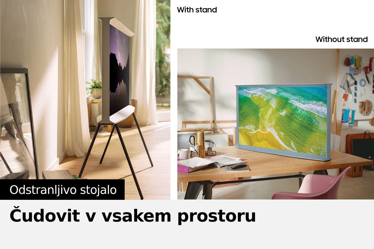Najprej je The Serif na stojalu z besedami »s stojalom«. Nato je The Serif na mizi z besedami »brez stojala«.
