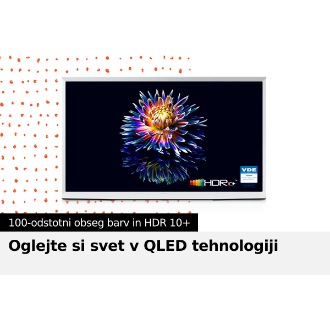Na zaslonu The Serif televizorja v živih barvah cveti roža. Spodaj sta prikazana logotipa »HDR 10+« in »VDE«.
