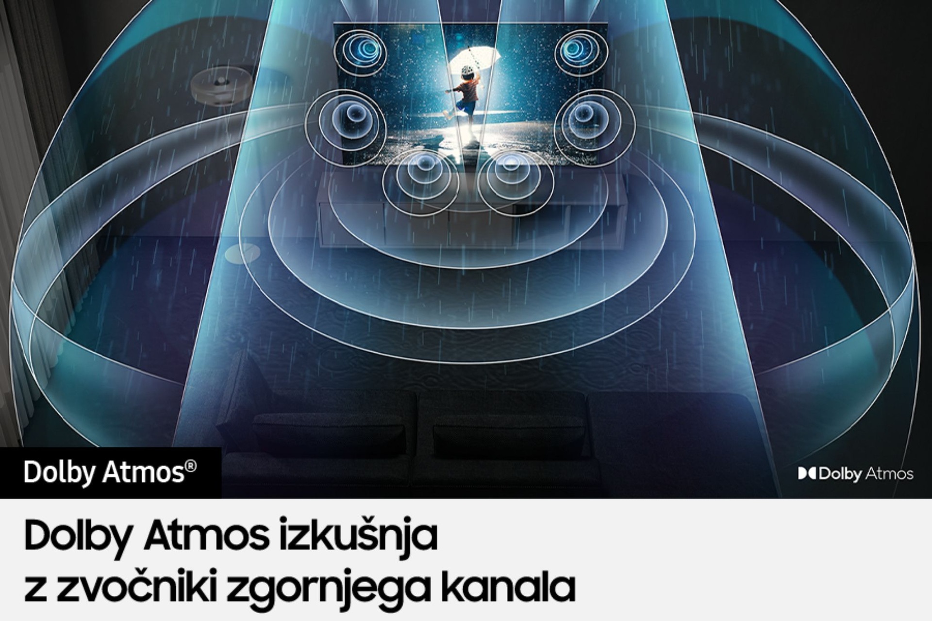 Zvočni valovi iz Dolby Atmos prodirajo iz Neo QLED TV QN900C in napolnijo prostor