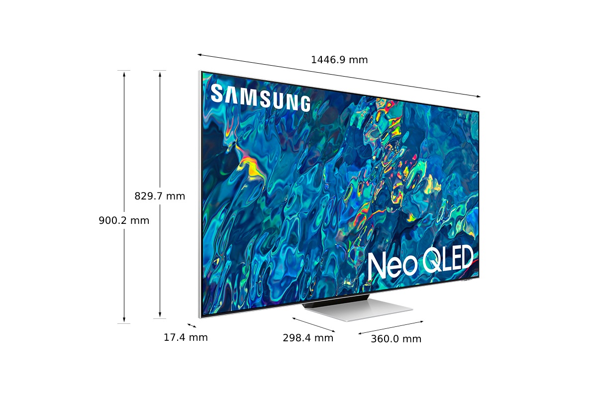 Dimenzije 163 cm Samsung QLED TV QN95B s srebrnim osrednjim stojalom