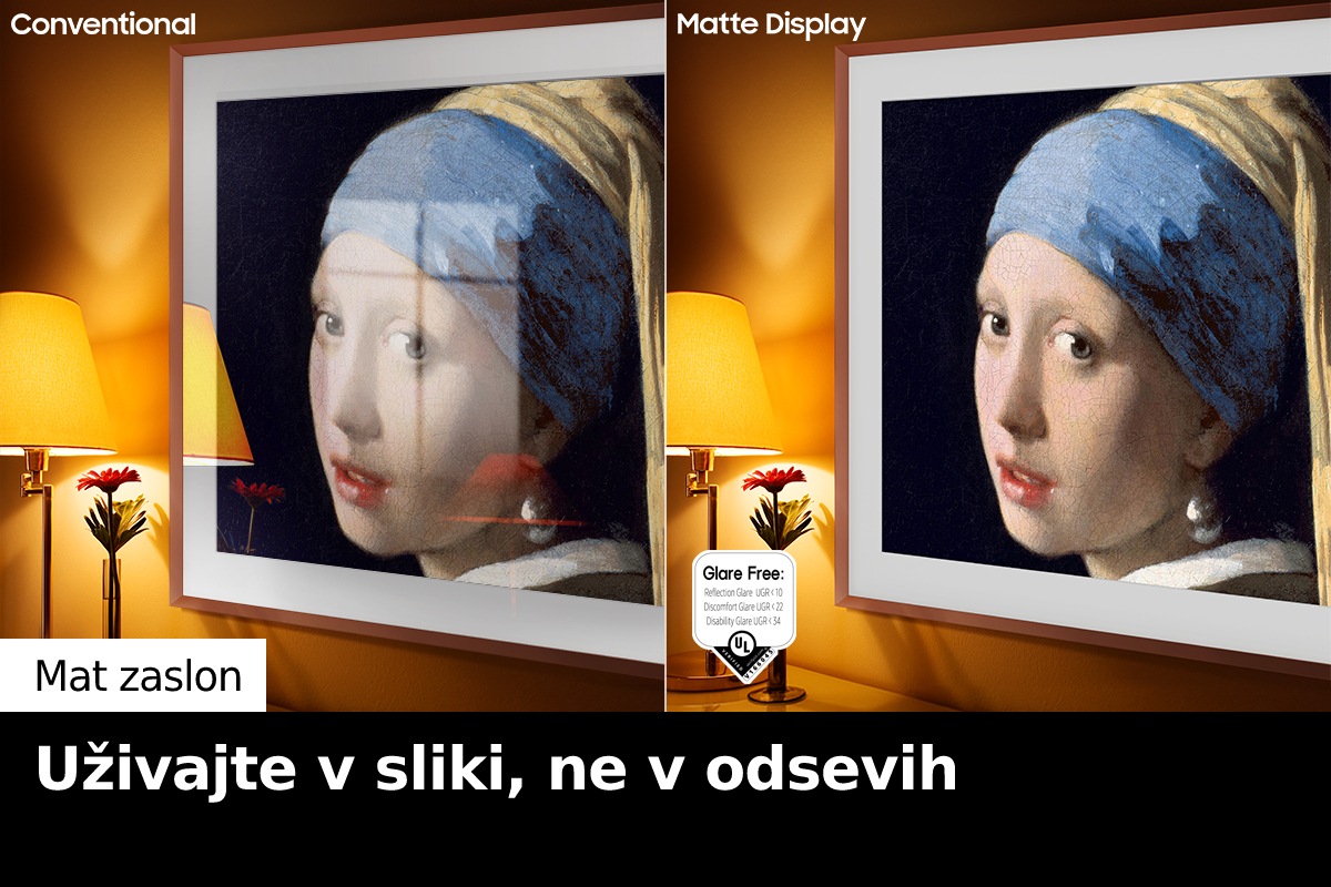 Leva stran zaslona z besedo »Klasično« prikazuje The Frame televizor, ki prikazuje umetniško delo, polno odsevov. Desna stran z besedilom »Mat zaslon« prikazuje The Frame televizor z isto sliko brez bleščanja in s potrjenim logotipom »brez bleščanja« na spodnji levi strani.