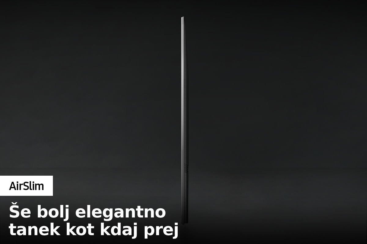 Slika QLED TV Q60B iz profila prikazuje izjemno ozko obliko QLED TV AirSlim